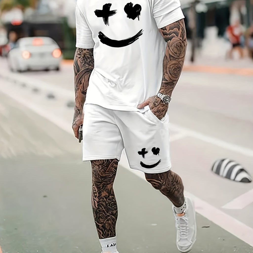 Ensemble 2 pièces tendance pour homme, motif grand sourire, t-shirt ras du cou à manches courtes et short à cordon de serrage, idéal pour l'été, idéal pour les vacances et l'entraînement.