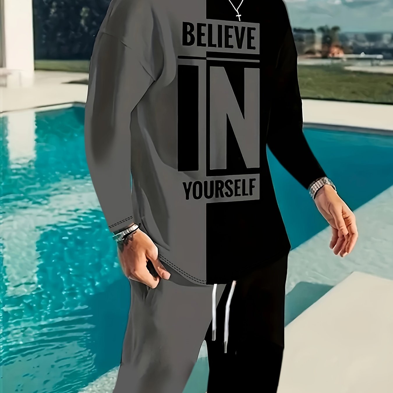 Ensemble 2 pièces pour homme, t-shirt ras du cou à manches longues et sweat-shirt à cordon de serrage, style jogging, pour l'hiver et l'automne. Vêtements pour homme