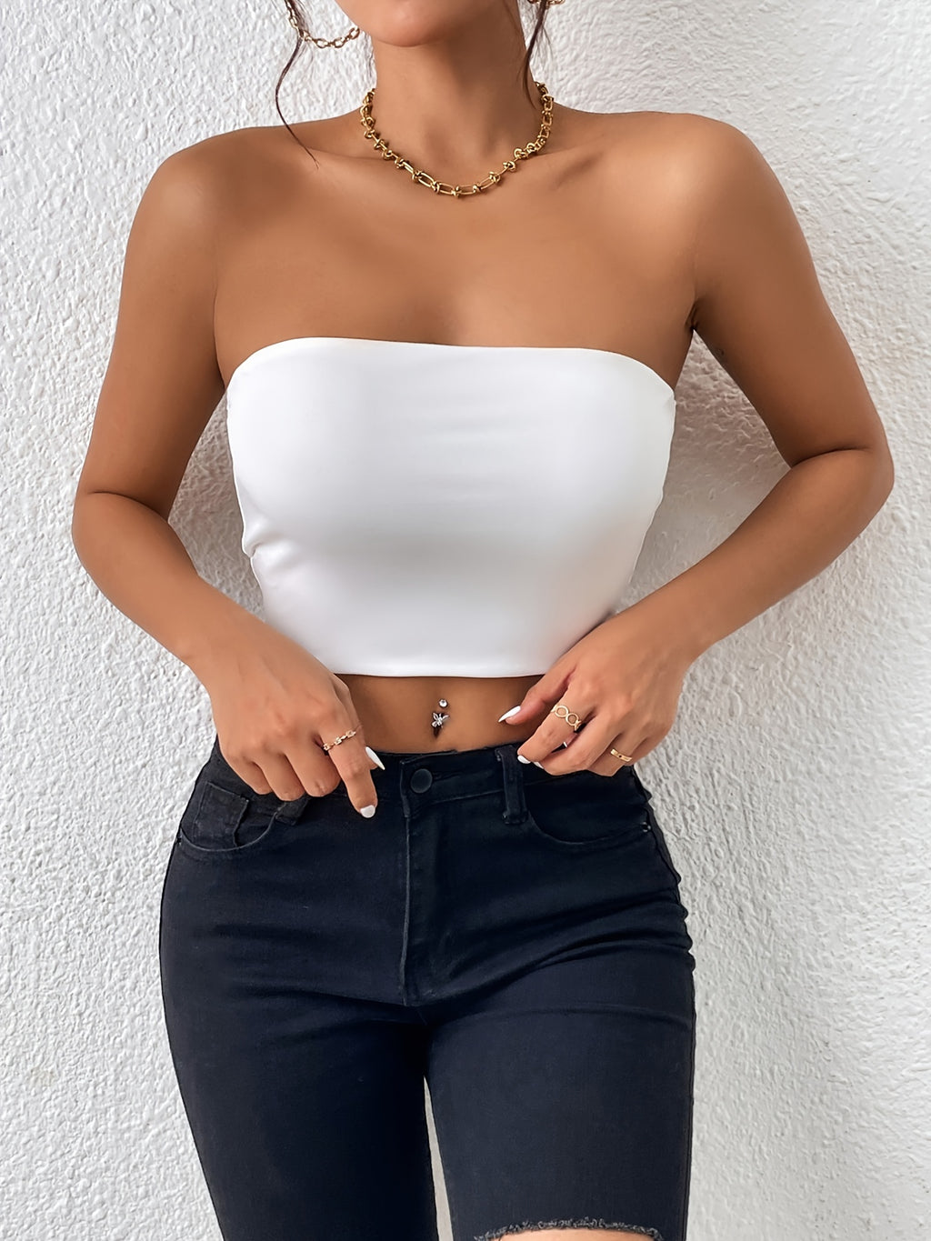 Haut tube basique uni, haut court sexy sans manches extensible, vêtements pour femmes