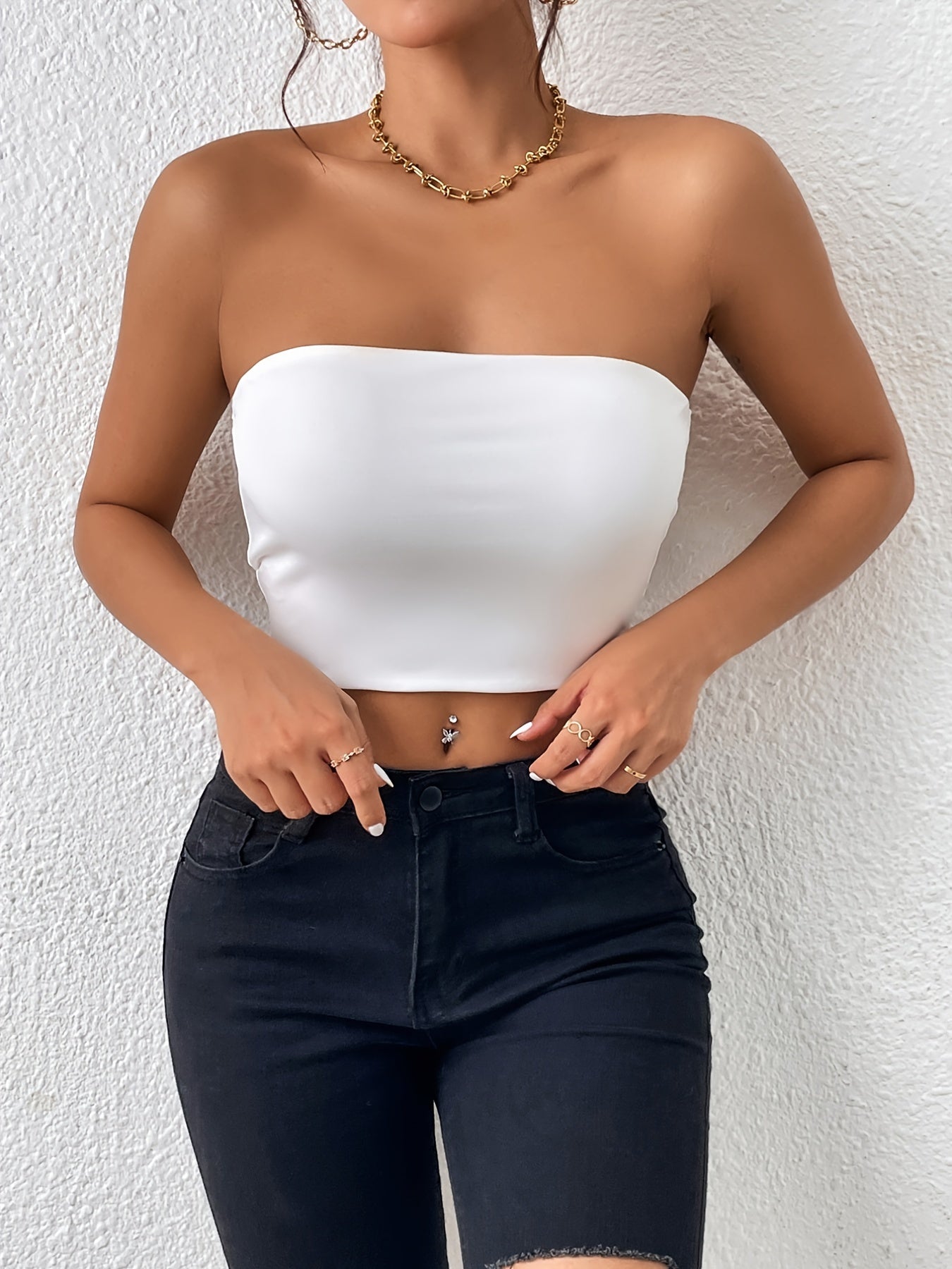 Haut tube basique uni, haut court sexy sans manches extensible, vêtements pour femmes