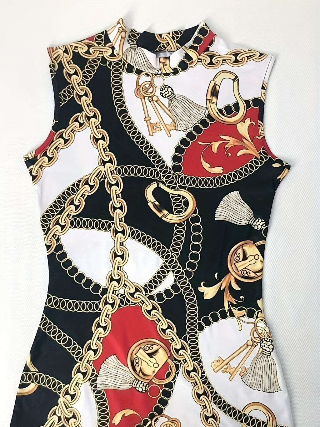 Robe débardeur à imprimé chaîne, décontractée, col ras du cou, slim, sans manches, sac, hanche, imprimé aléatoire, vêtements pour femmes