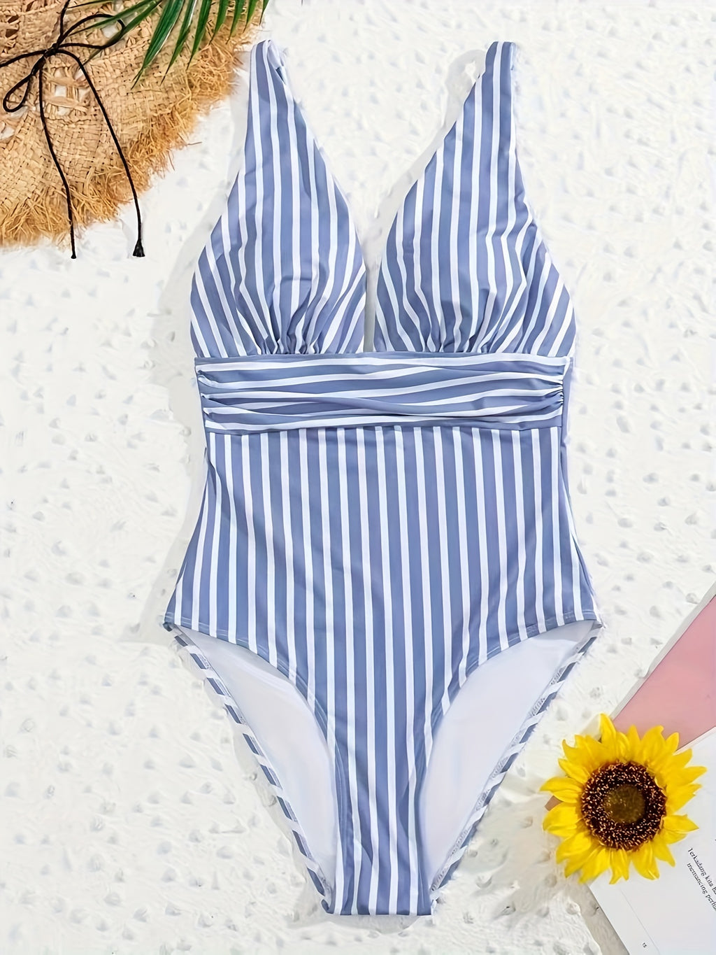 Maillot de bain une pièce à imprimé rayé, col en V froncé, bretelles spaghetti, dos nu, très extensible, style rétro, vêtements et maillots de bain pour femmes