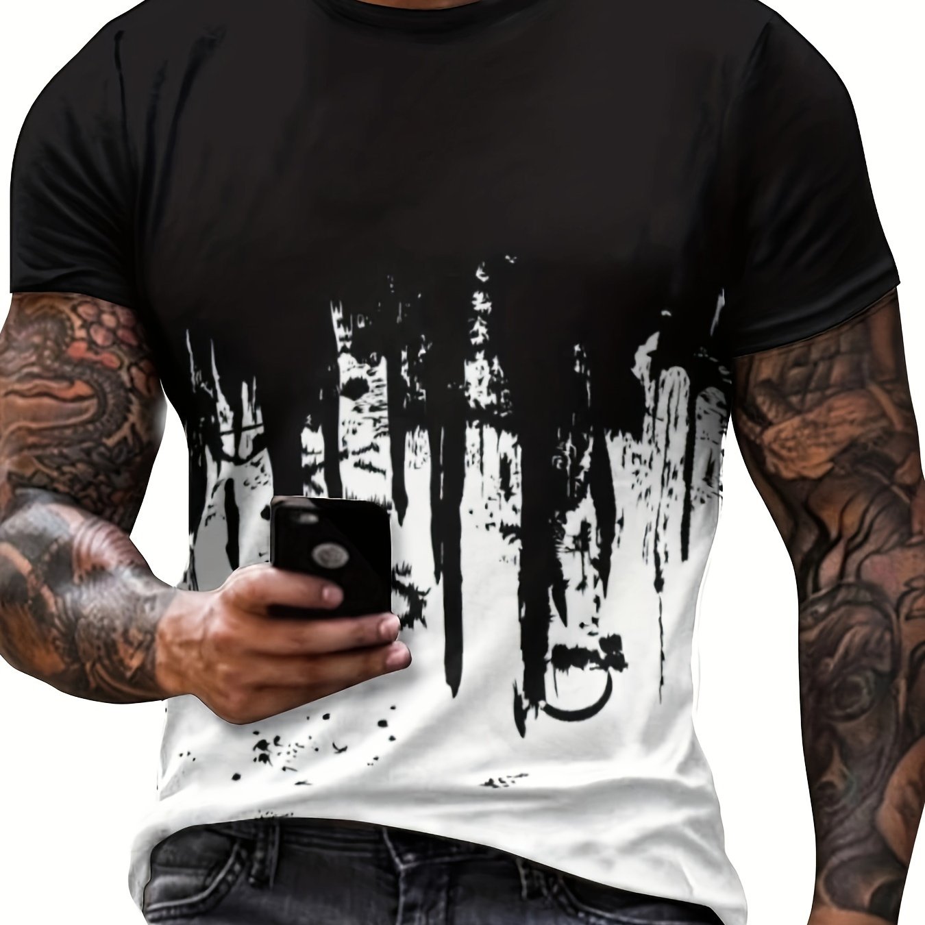 T-shirt ras du cou imprimé éclaboussures de peinture pour homme, design graphique, décontracté et confortable pour l'été, idéal pour l'entraînement quotidien en salle de sport ou la course à pied.