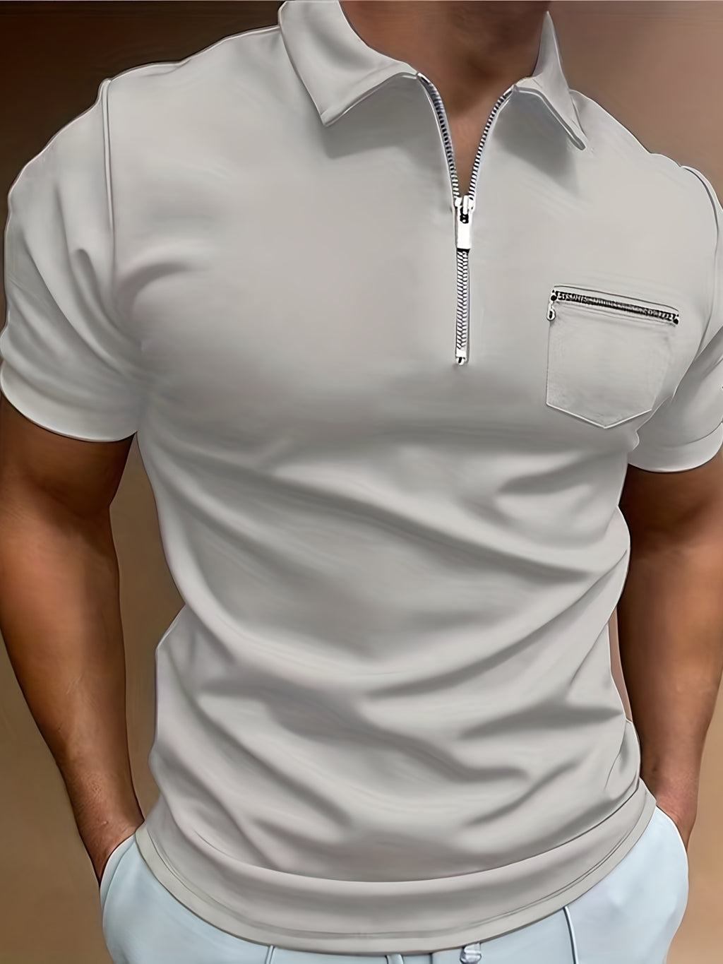 Polo de golf respirant, coupe standard, avec poche zippée sur la poitrine, col en V, manches courtes, pour l'été, vêtements pour hommes