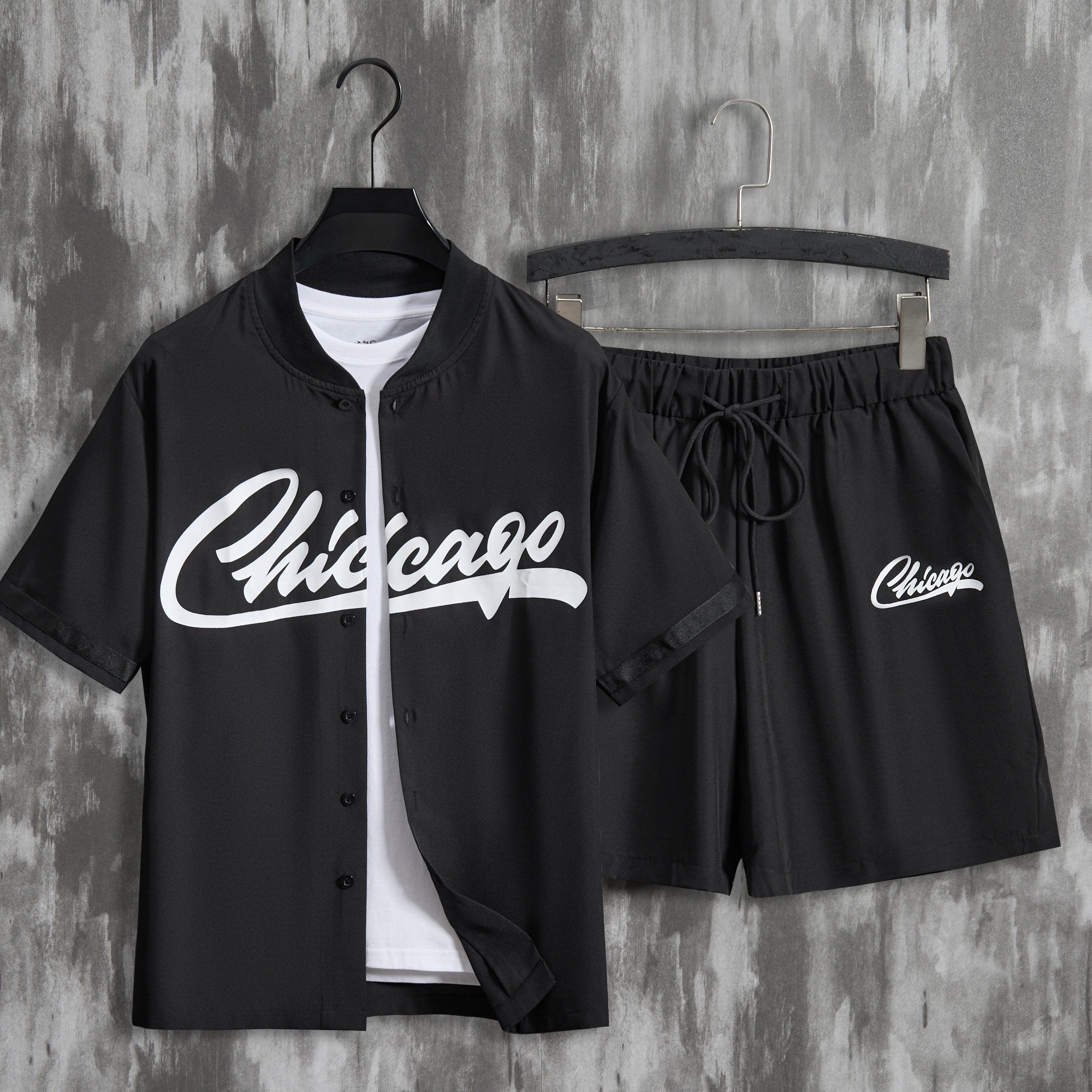 Ensemble 2 pièces tendance pour homme, imprimé lettres, maillot de baseball décontracté à manches courtes et short à cordon pour l'été, vêtements pour homme, entraînement de vacances