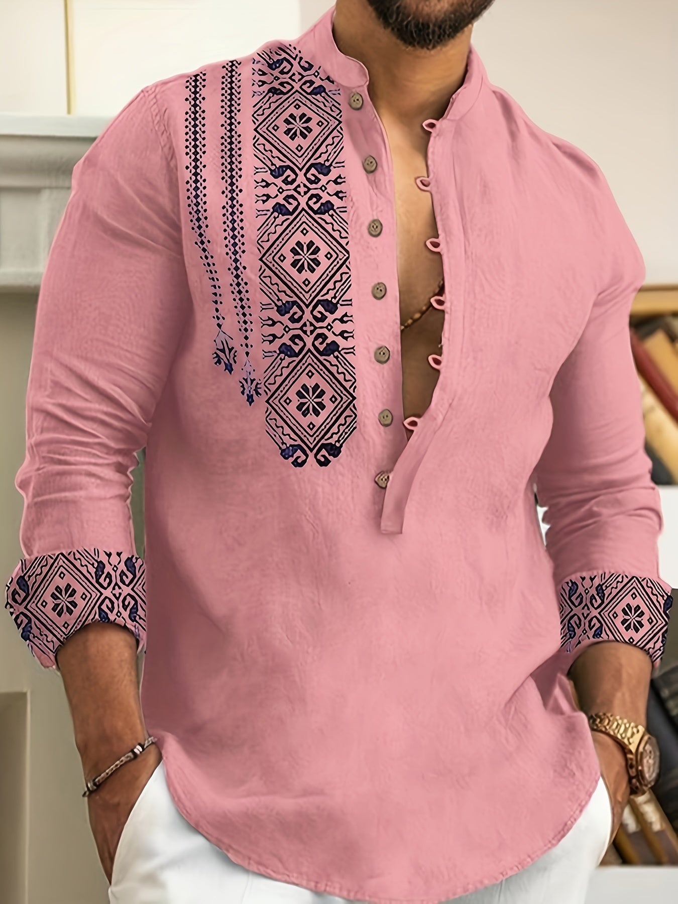 Chemises Henley à manches longues pour hommes, style ethnique, tendance, motifs géométriques, confortables, respirantes, décontractées et légèrement extensibles. Vêtements pour hommes