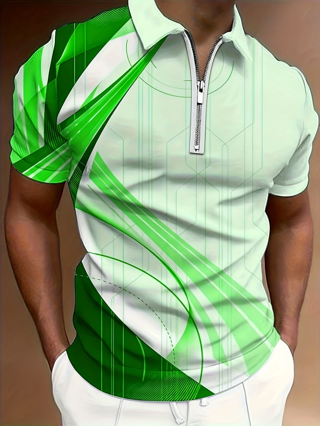 Chemise à manches courtes pour homme, motif géométrique, fermeture éclair, décontractée, confortable et polyvalente, chemise de golf, chemise de tennis, vêtements pour homme