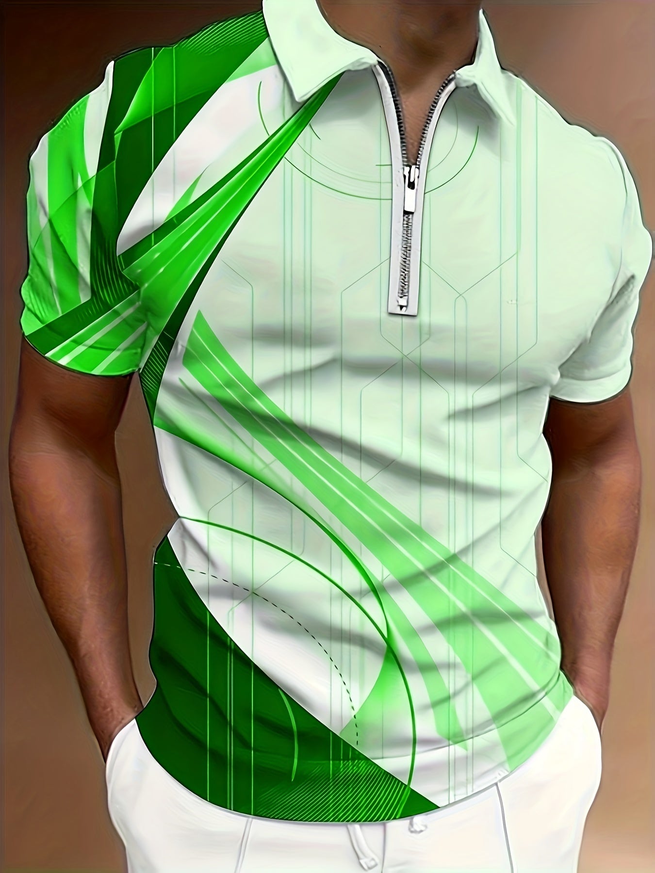 Chemise à manches courtes pour homme, motif géométrique, fermeture éclair, décontractée, confortable et polyvalente, chemise de golf, chemise de tennis, vêtements pour homme