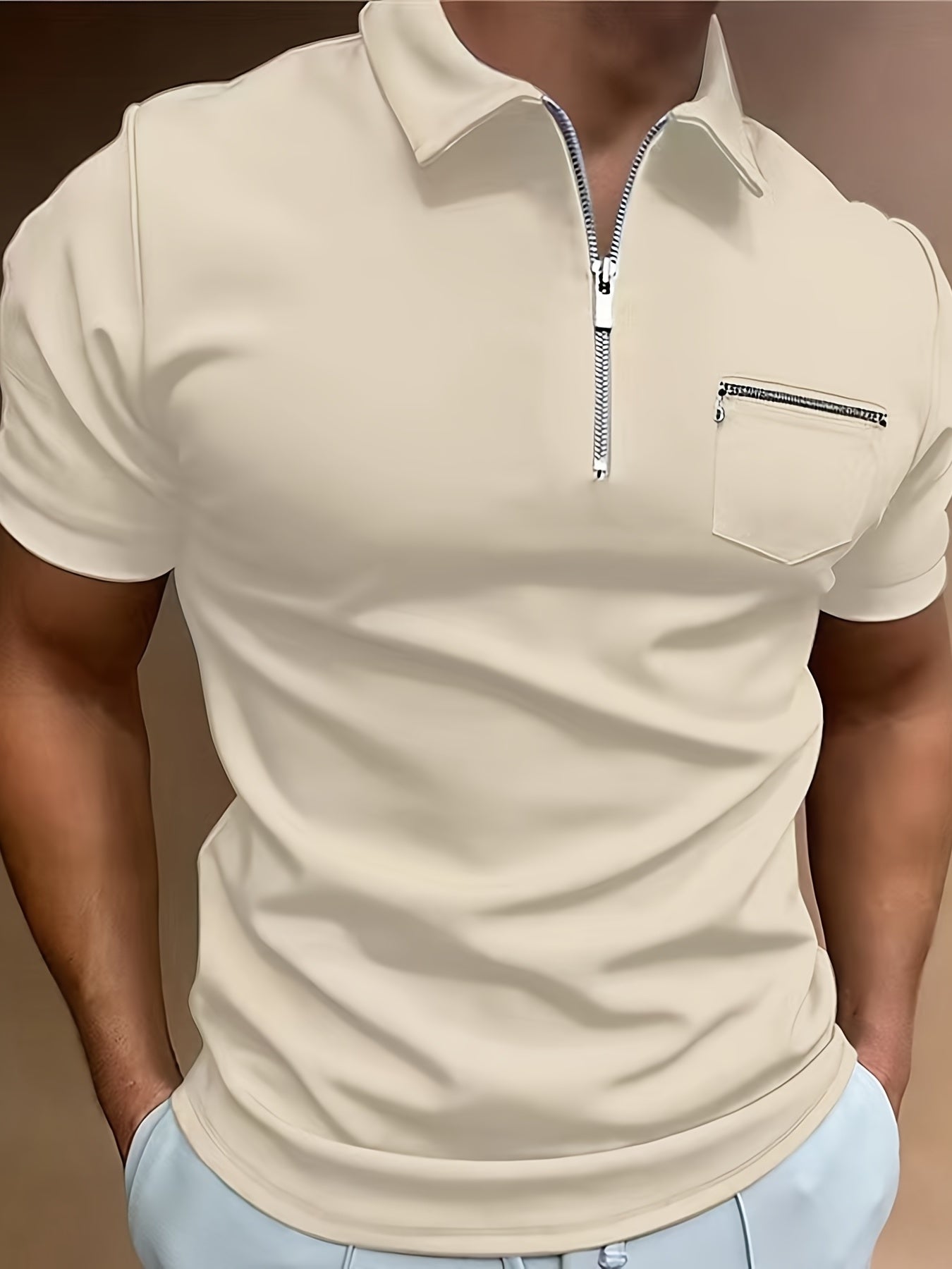 Polo de golf respirant, coupe standard, avec poche zippée sur la poitrine, col en V, manches courtes, pour l'été, vêtements pour hommes