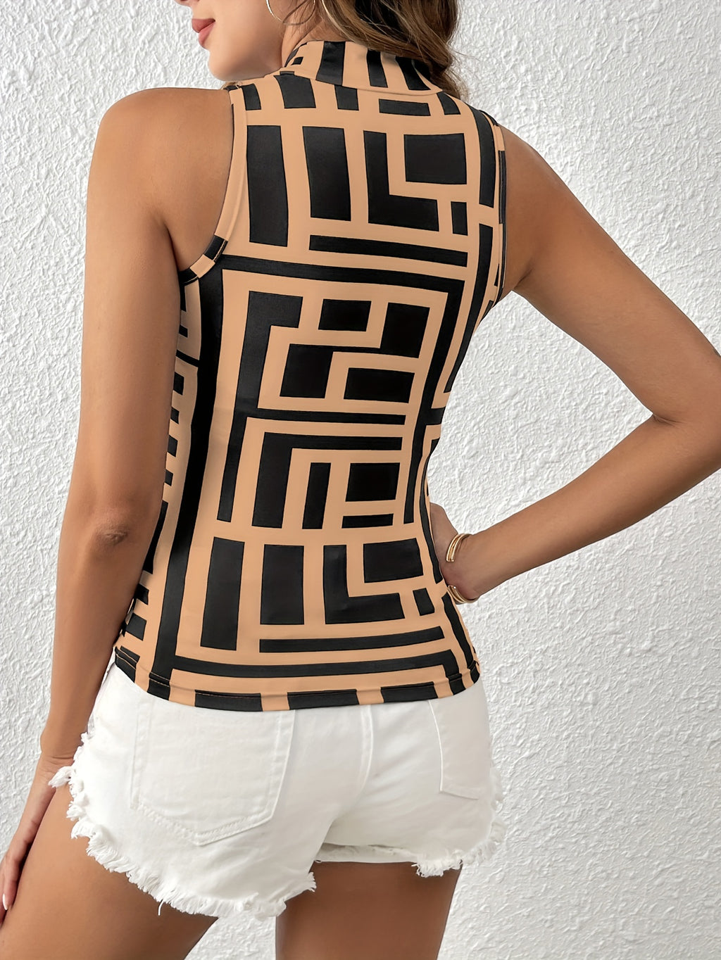 Débardeur imprimé all-over, haut décontracté sans manches à col montant pour l'été, vêtements pour femmes