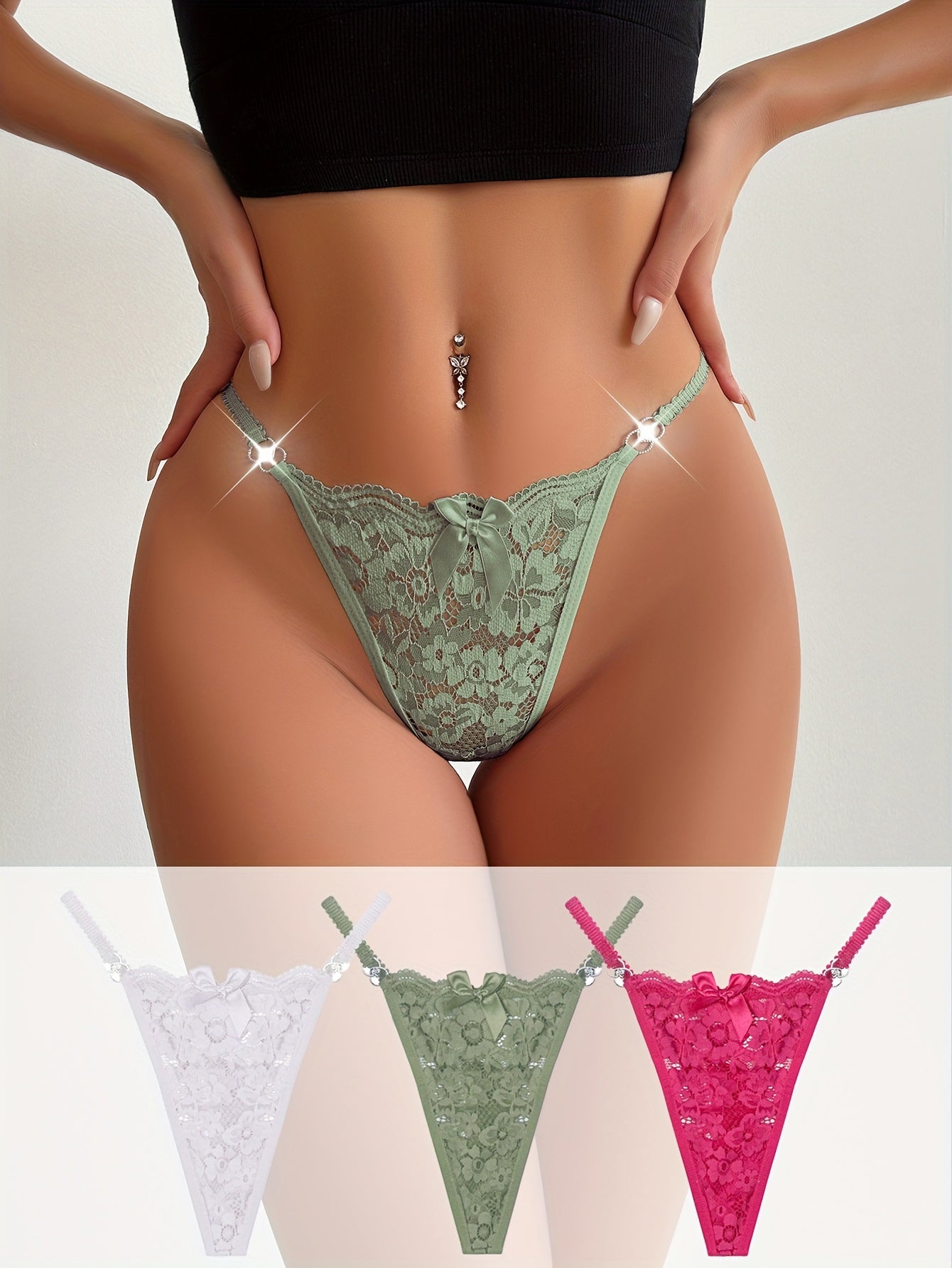 Lot de 3 strings en dentelle florale avec nœud, culottes semi-transparentes à anneaux, lingerie et sous-vêtements pour femmes