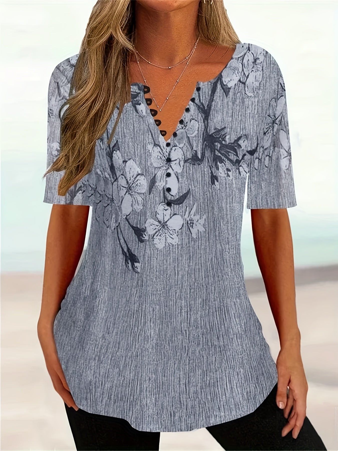T-shirt boutonné à imprimé floral, t-shirt d'été décontracté à manches courtes, vêtements pour femmes