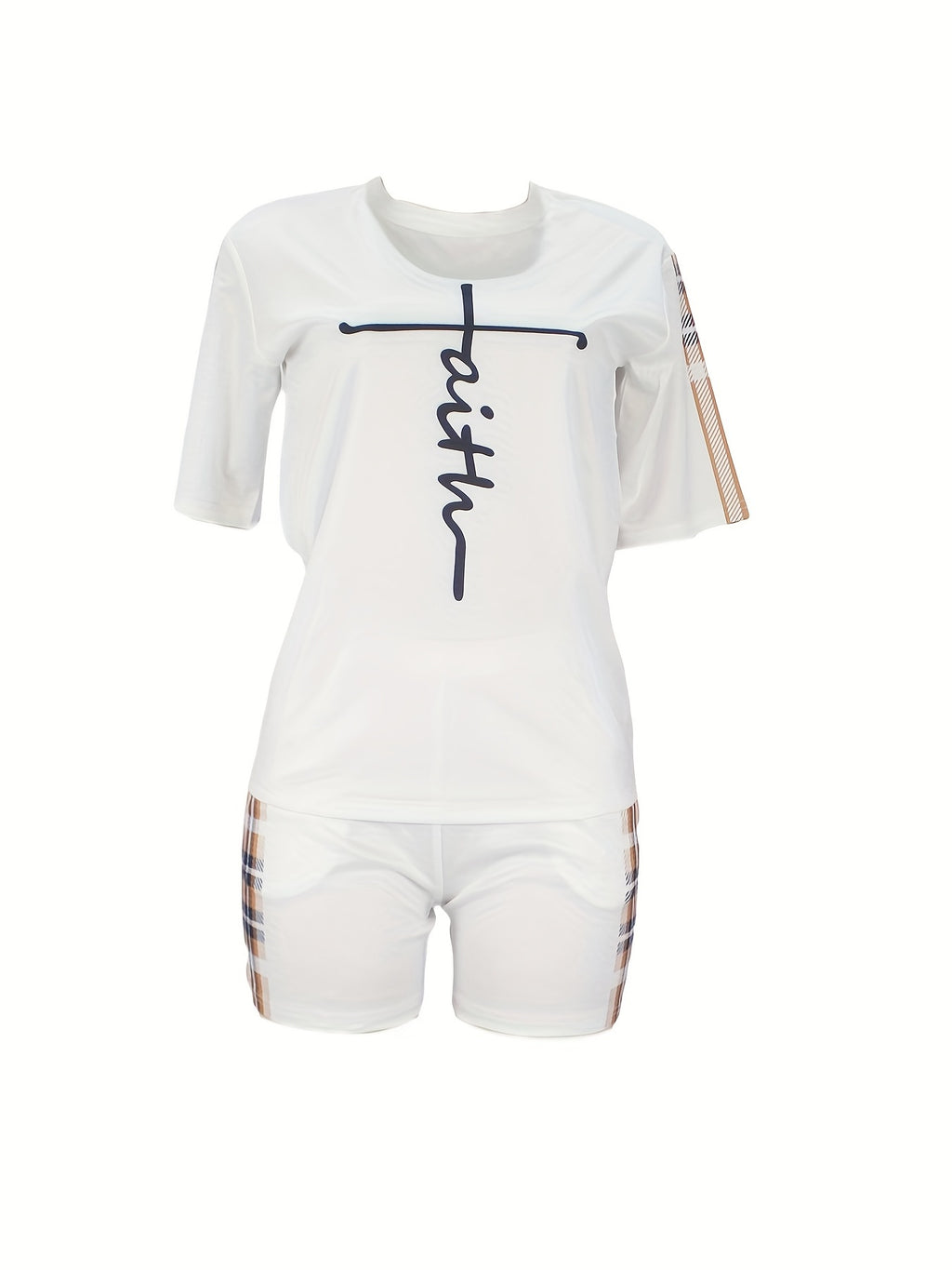 Ensemble deux pièces à carreaux, haut à manches courtes et short de sport à poches, imprimé Faith, vêtements pour femme