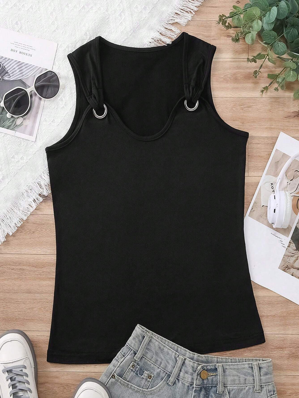 Débardeur uni à anneaux, haut décontracté sans manches à col ras du cou pour l'été, vêtements pour femmes