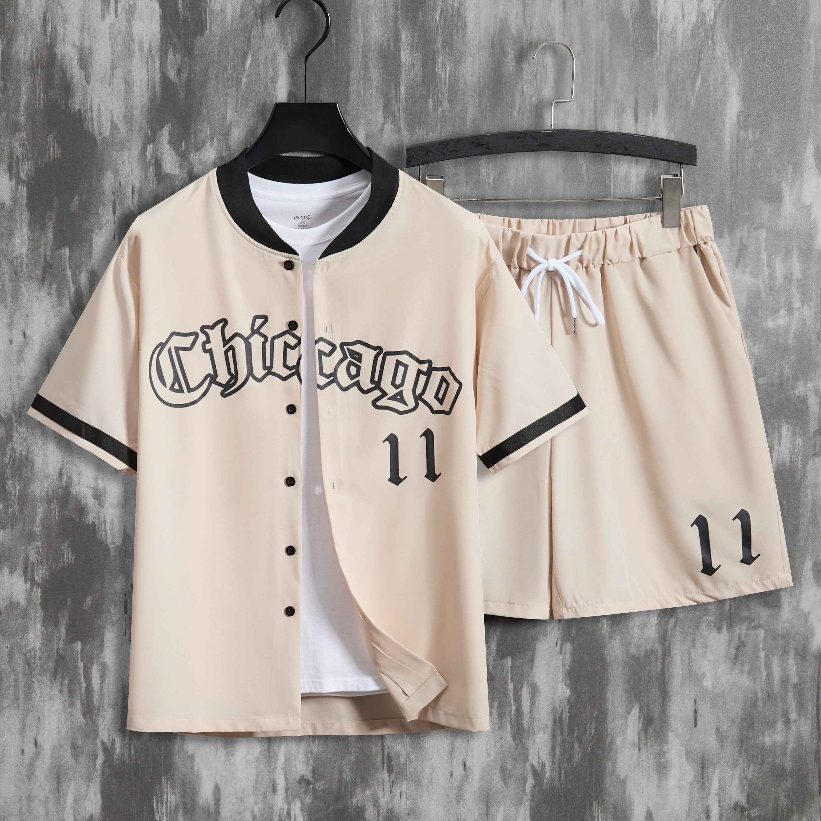 Ensemble 2 pièces tendance pour homme, imprimé lettres, maillot de baseball décontracté à manches courtes et short à cordon pour l'été, vêtements pour homme, entraînement de vacances