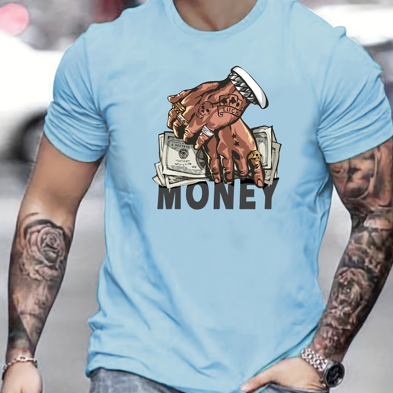 T-shirt col rond pour homme, imprimé dessin animé, motif argent et mains, style niche, décontracté et confortable, idéal pour l'été, idéal pour les vacances au quotidien.