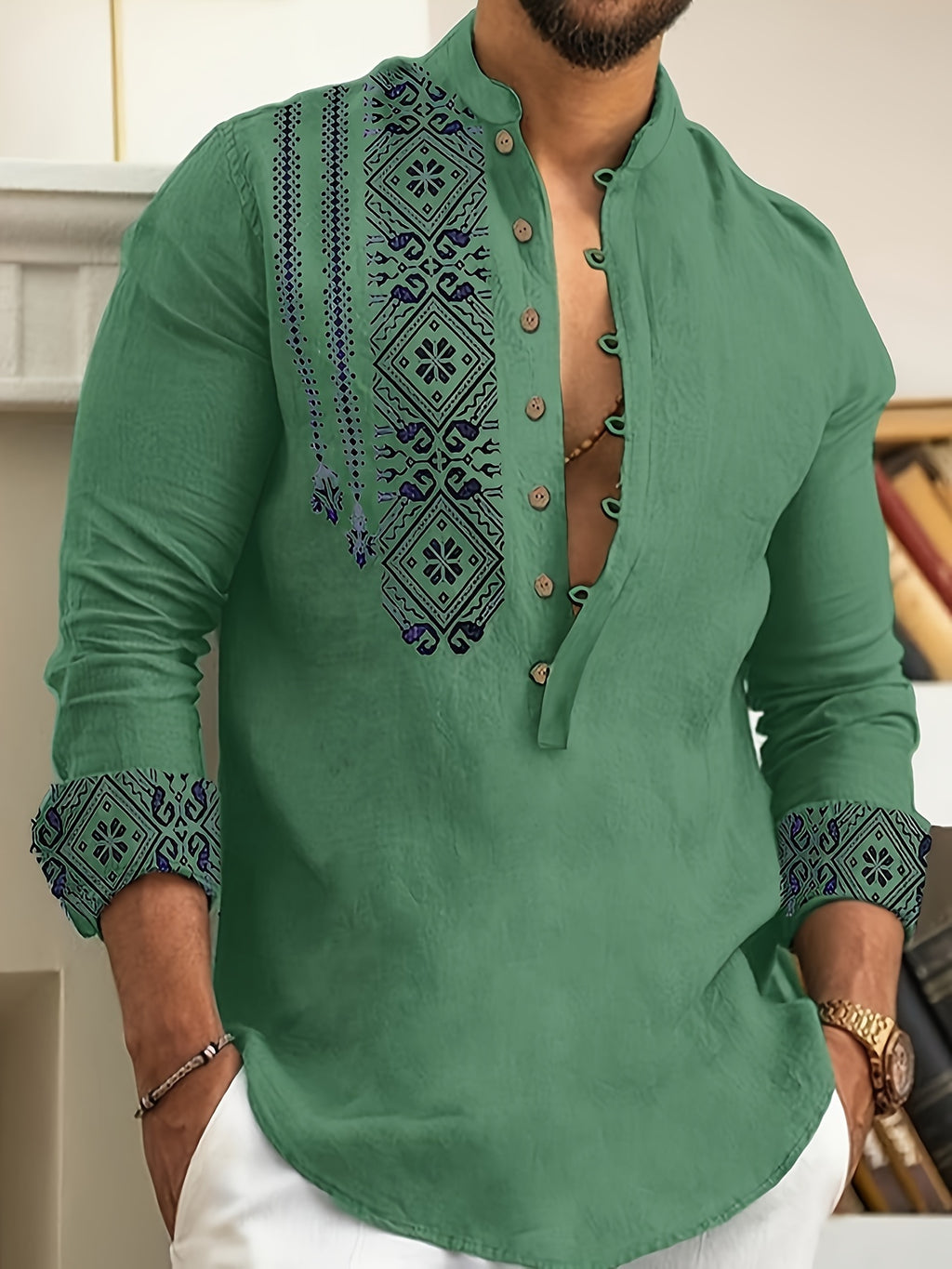 Chemises Henley à manches longues pour hommes, style ethnique, tendance, motifs géométriques, confortables, respirantes, décontractées et légèrement extensibles. Vêtements pour hommes