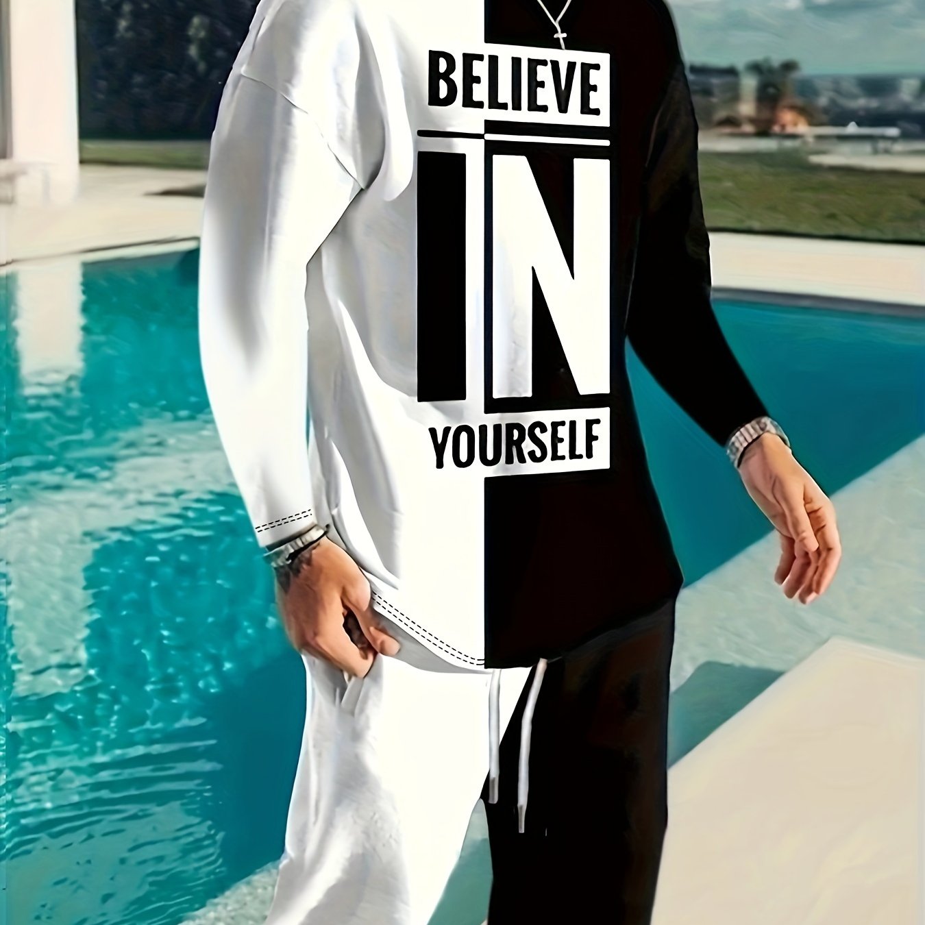 Ensemble 2 pièces pour homme, t-shirt ras du cou à manches longues et sweat-shirt à cordon de serrage, style jogging, pour l'hiver et l'automne. Vêtements pour homme