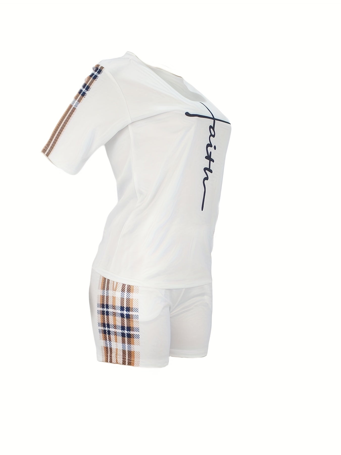 Ensemble deux pièces à carreaux, haut à manches courtes et short de sport à poches, imprimé Faith, vêtements pour femme