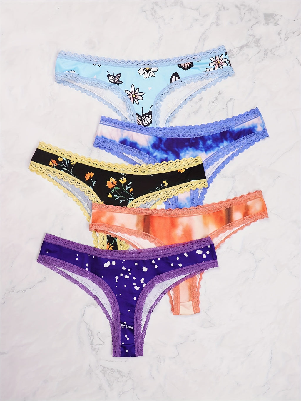 String Morvia 5 pièces en dentelle avec cœur - Ensemble de lingerie chic en maille pour femme, non transparent