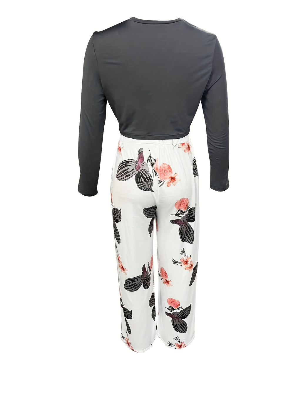 Ensemble deux pièces décontracté printemps-automne, haut uni à manches longues et pantalon large à imprimé floral, vêtements pour femmes