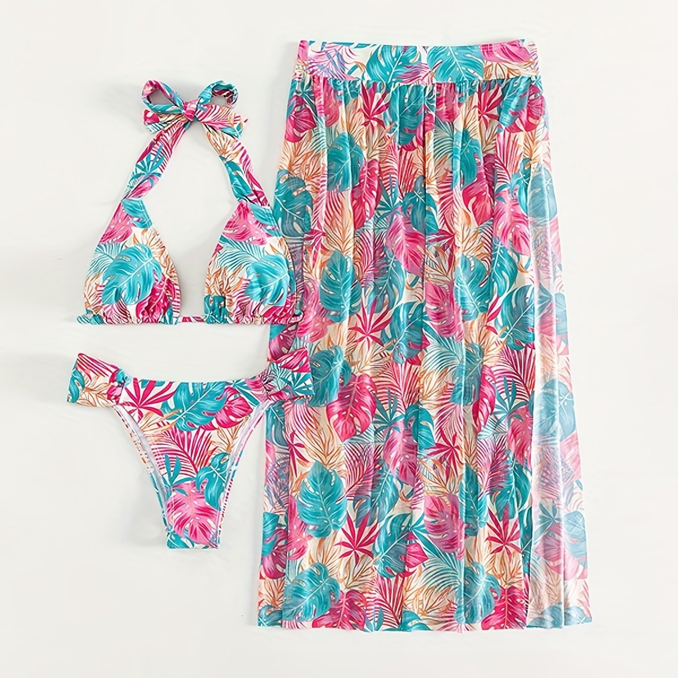 Ensemble bikini 3 pièces imprimé feuilles, très extensible, jupe cache-maillot, maillot de bain triangle dos nu élégant, vêtements et maillots de bain pour femme
