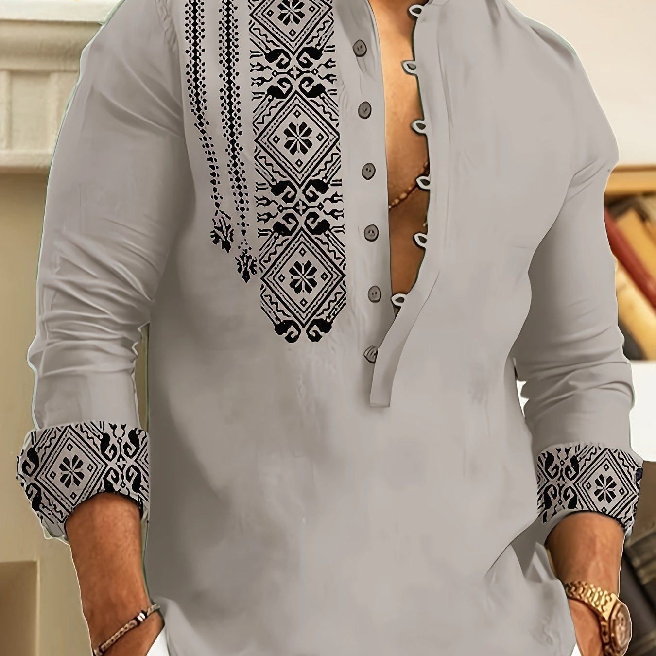 Chemises Henley à manches longues pour hommes, style ethnique, tendance, motifs géométriques, confortables, respirantes, décontractées et légèrement extensibles. Vêtements pour hommes