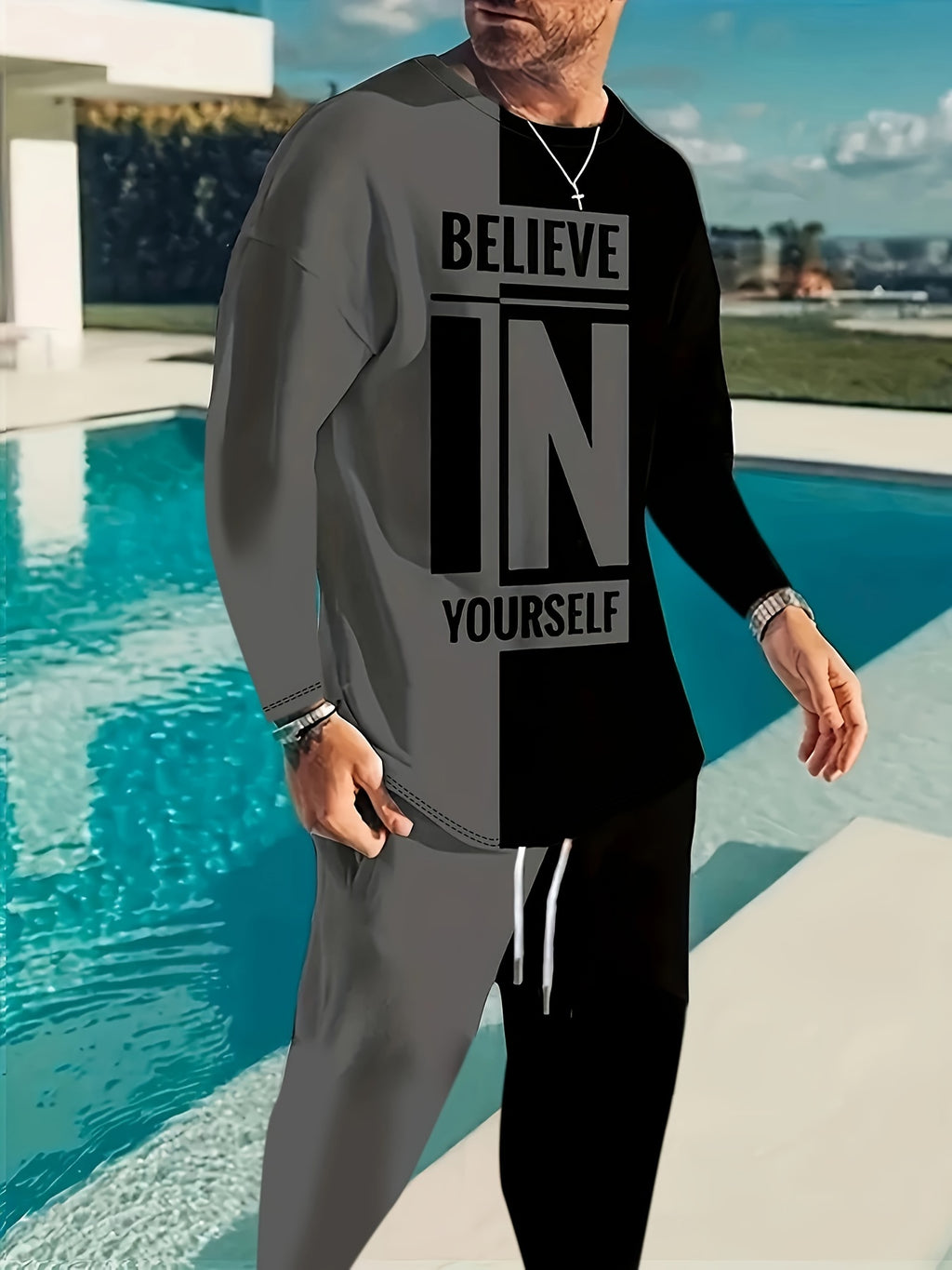 Ensemble 2 pièces pour homme, t-shirt ras du cou à manches longues et sweat-shirt à cordon de serrage, style jogging, pour l'hiver et l'automne. Vêtements pour homme