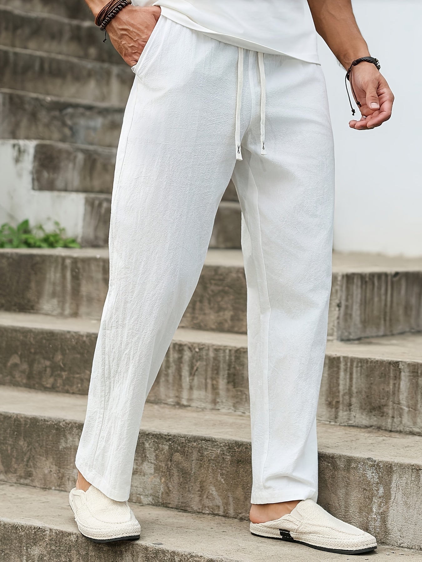 Men'S Natural White Linen Pants - Loose Fit Straight Leg Trousers with Drawstring Waist, Breathable Non-Stretch Fabric for Beach, Office, Everyday - All-Season Formal & Casual Pants (Men'S Clothing), Beach Pants, Office Attir