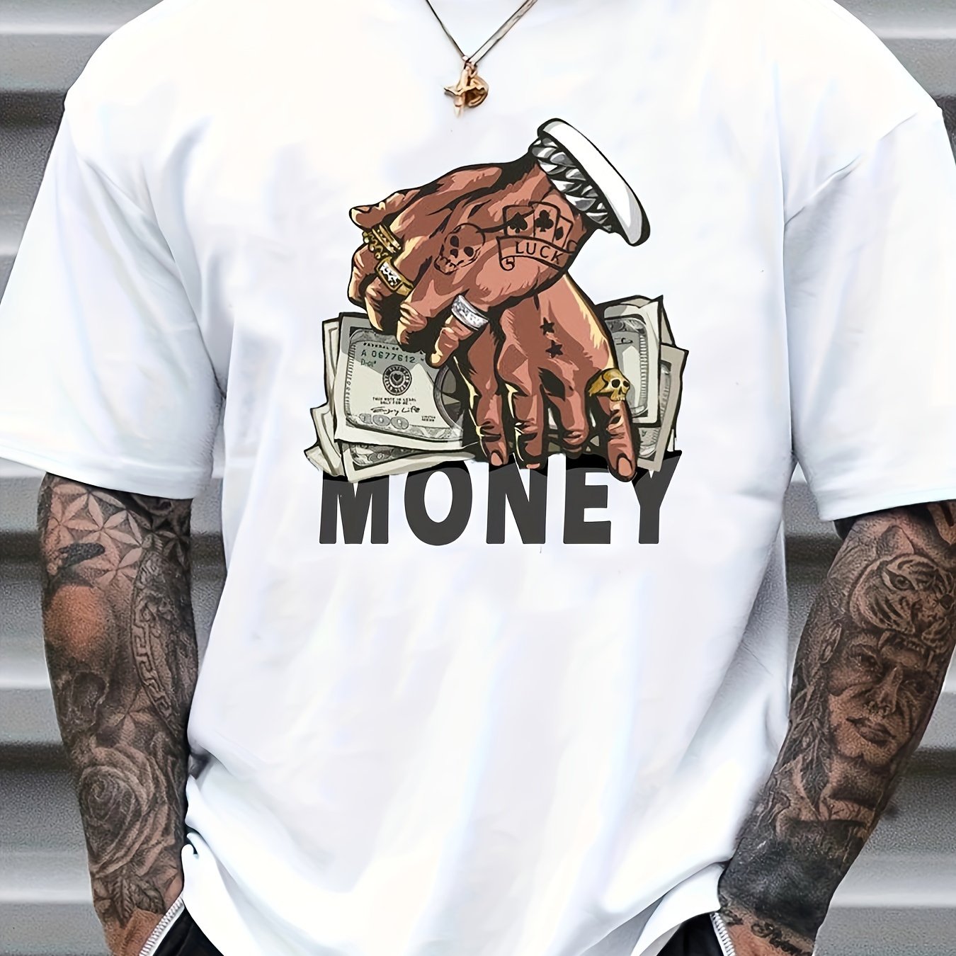 T-shirt col rond pour homme, imprimé dessin animé, motif argent et mains, style niche, décontracté et confortable, idéal pour l'été, idéal pour les vacances au quotidien.
