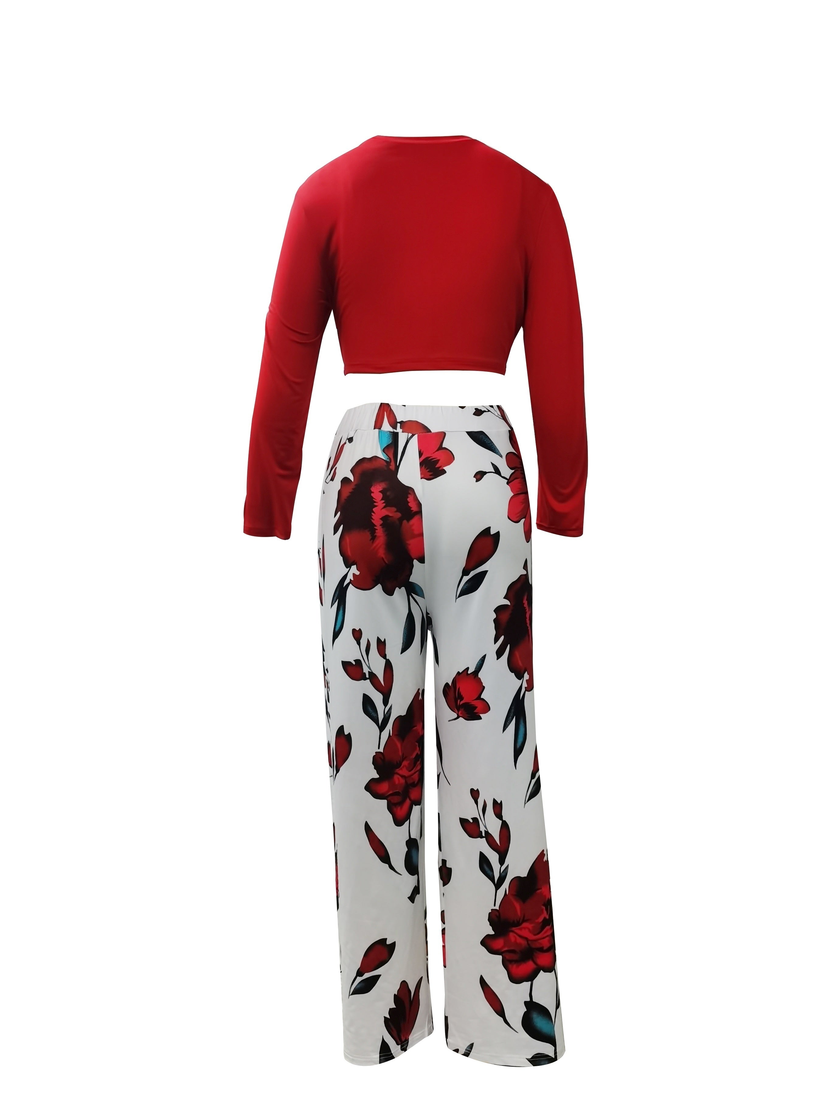 Ensemble deux pièces décontracté printemps-automne, haut uni à manches longues et pantalon large à imprimé floral, vêtements pour femmes